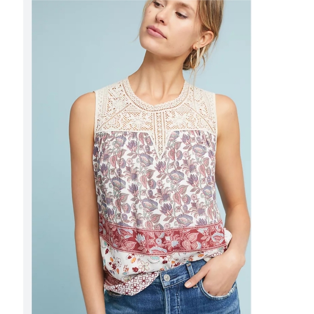 Anthropologie Maeve Lace Floral Blouse Sleeveless Eleanor Top Size S